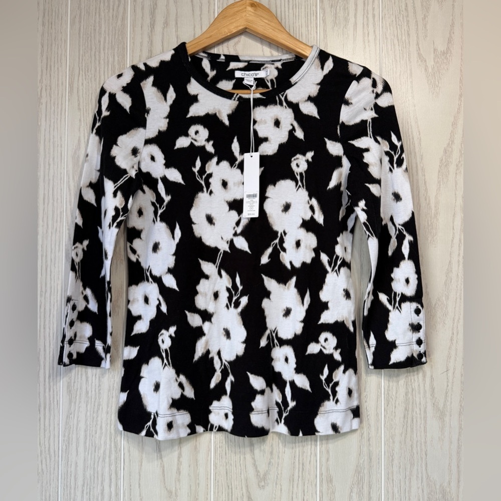 Chico’s Pima Florence Everyday Tee Black/White Floral 3/4 Sleeve Size 00 (US XS)